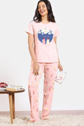 Buy Zivame Summer Pop Knit Cotton Pyjama Set - Seashell Pink